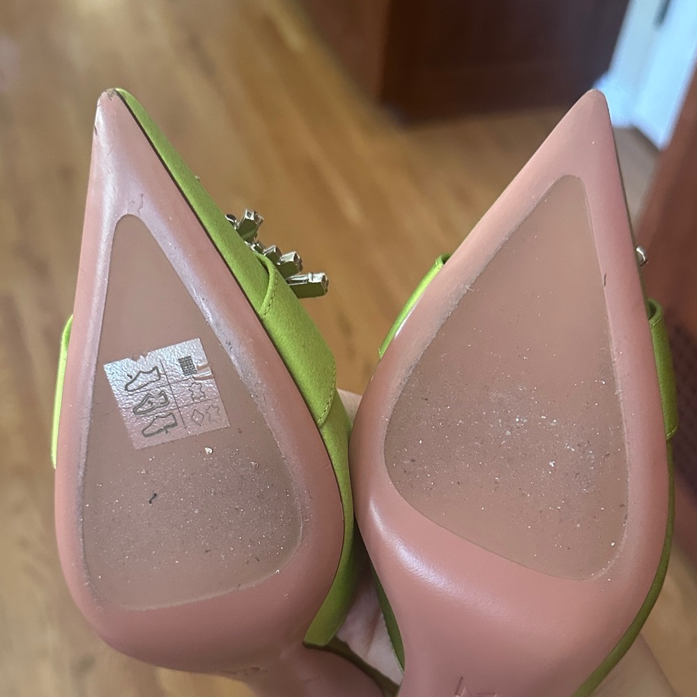 Amina Muaddi Lime Green Satin Pointed Crystal Sunburst Mules - Picture 3 of 4